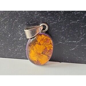Mexican 925 Sterling Silver Preserved Real Flowers In Resin Oval Pendant Vintage